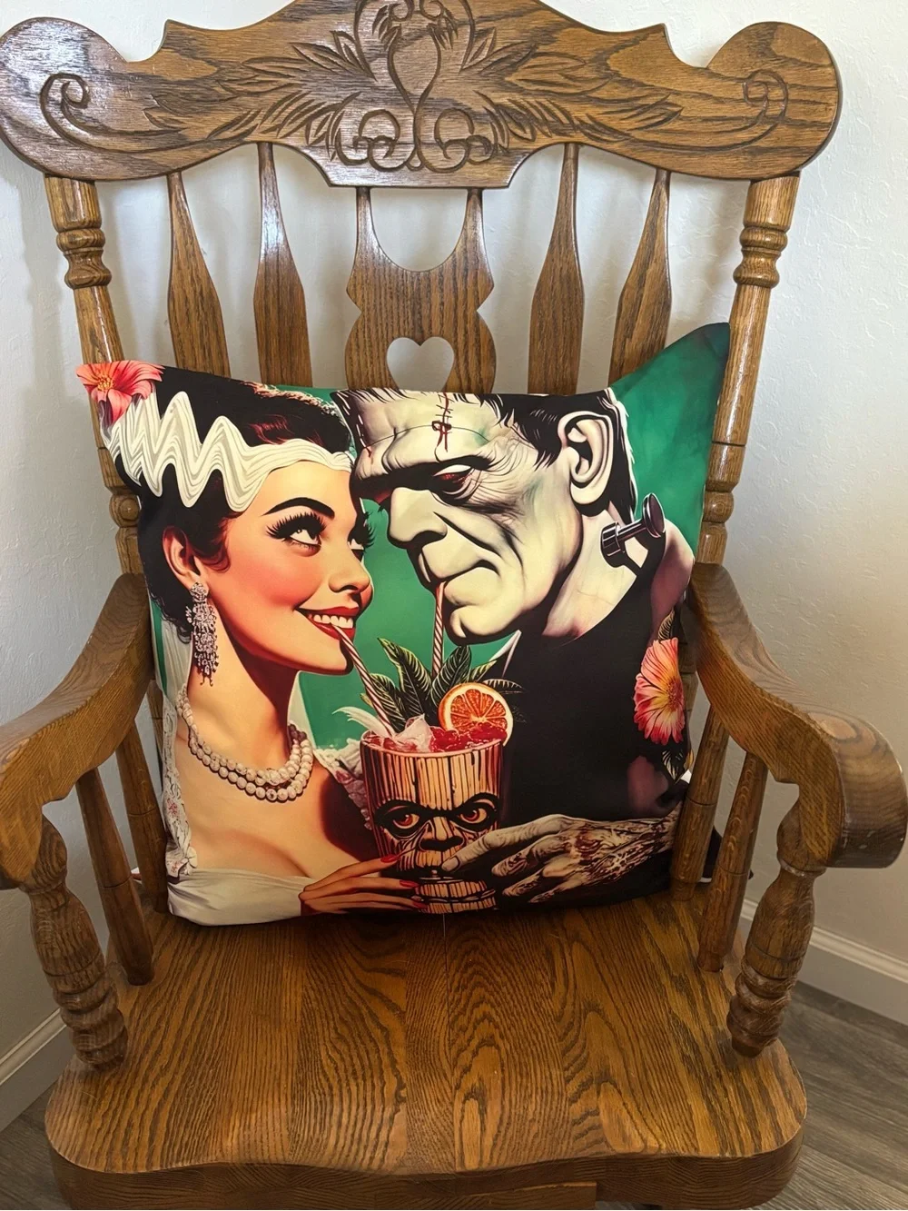 BRAND NEW Retro Frankenstein & Bride Tiki Bar Cocktail TimeOversized ThrowPillow